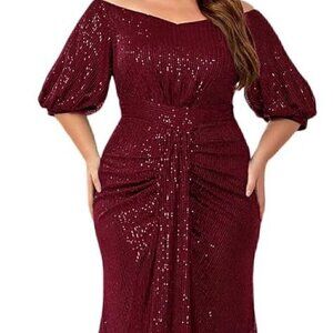 Giffniseti Burgundy Off Shoulder Puff Sleeve Formal Maxi Dress Size 4XL (NWT)